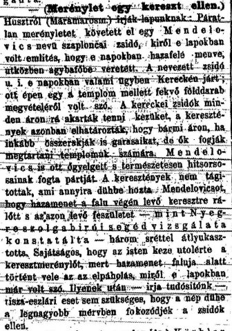 „Merénylet egy kereszt ellen.” (Forrás: Budapesti Hírlap, 1882. 07. 15., 6. o.)
